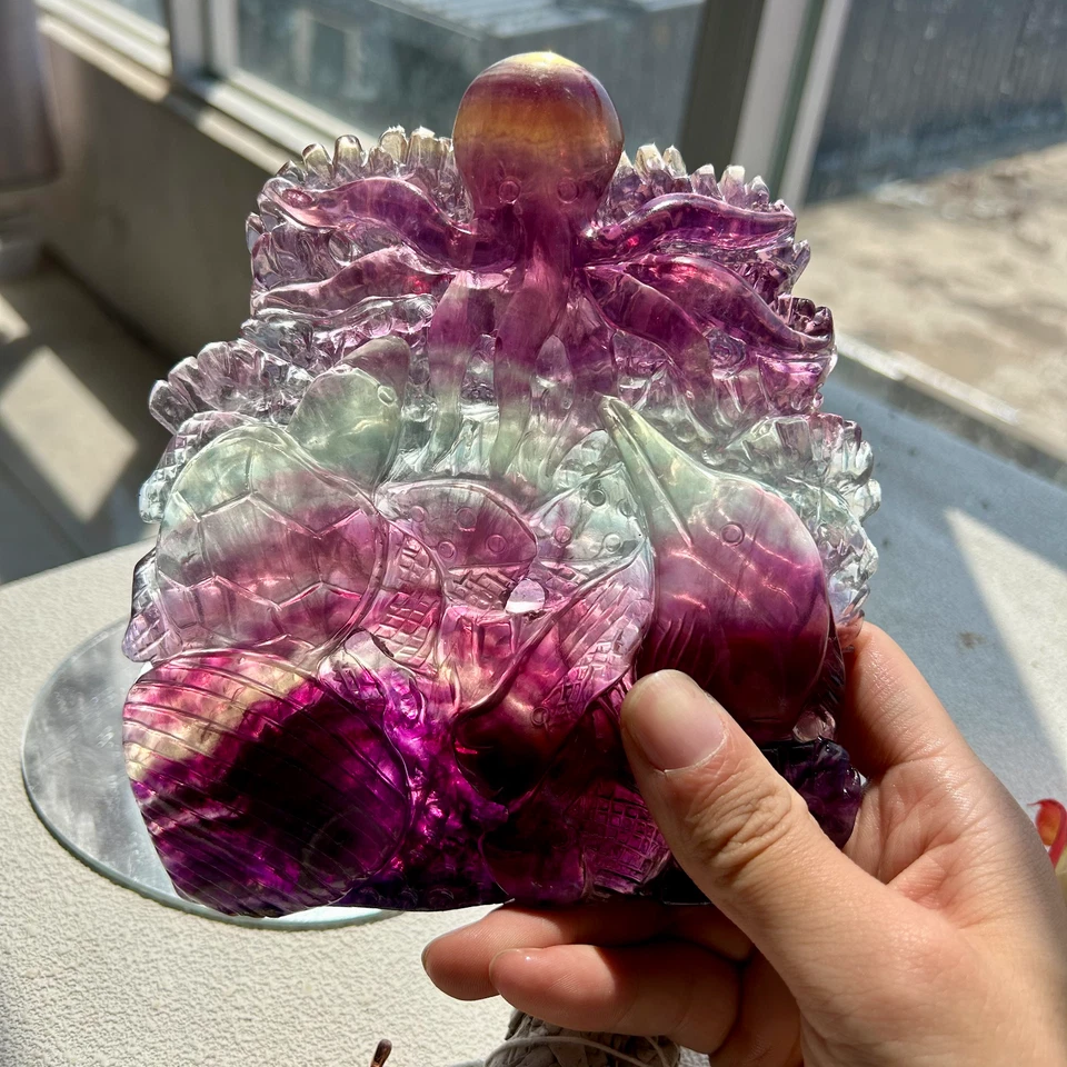 905g Natural Rainbow Handcarved fluorite Crystal animal carving Home Decor