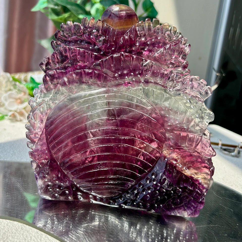 905g Natural Rainbow Handcarved fluorite Crystal animal carving Home Decor