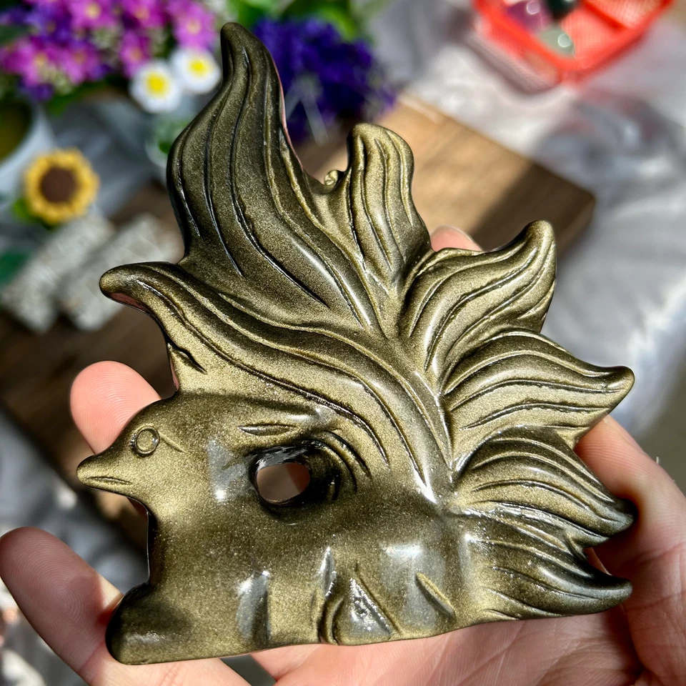 335g Natural Golden Obsidian HandCarved Nine-tailed Fox Crystal Reiki healing