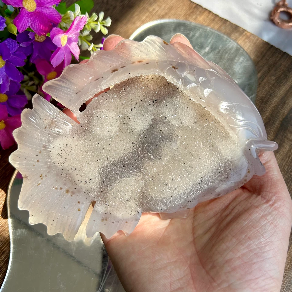 425g Natural Druzy agate geode Hand Carved Quartz crystal fish Healing Decor